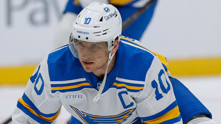 Dec 31, 2025; Denver, Colorado, USA; St. Louis Blues center Brayden Schenn (10) before the game against the Colorado Avalanche at Ball Arena. Mandatory Credit: Isaiah J. Downing-Imagn Images