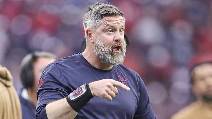 Nov 19, 2023; Houston, Texas, USA; Houston Texans defensive coordinator Matt Burke during the game against the Arizona Cardinals at NRG Stadium. Mandatory Credit: Troy Taormina-Imagn Images