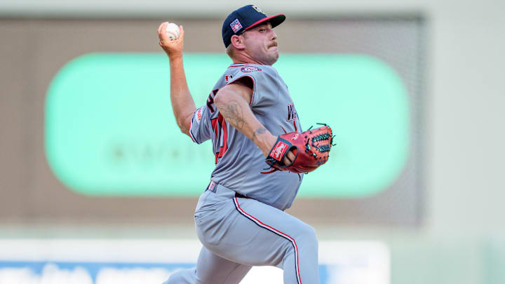 Jul 26, 2025; Minneapolis, Minnesota, USA; Washington Nationals starting pitcher Mitchell Parker (70) pitches to Minnesota Twins right fielder Willi Castro (50) in the first inning at Target Field. Jul 26, 2025; Minneapolis, Minnesota, USA; Washington Nationals starting pitcher Mitchell Parker (70) pitches to Minnesota Twins right fielder Willi Castro (50) in the first inning at Target Field.