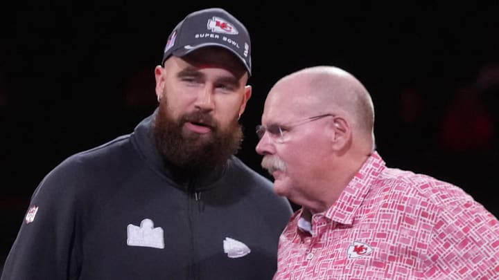 Feb 5, 2024; Las Vegas, NV, USA; Kansas City Chiefs tight end Travis Kelce (87) stands with head coach Andy Reid during Super Bowl LVIII Opening Night at Allegiant Stadium. Mandatory Credit: Kirby Lee-Imagn Images Feb 5, 2024; Las Vegas, NV, USA; Kansas City Chiefs tight end Travis Kelce (87) stands with head coach Andy Reid during Super Bowl LVIII Opening Night at Allegiant Stadium. Mandatory Credit: Kirby Lee-Imagn Images