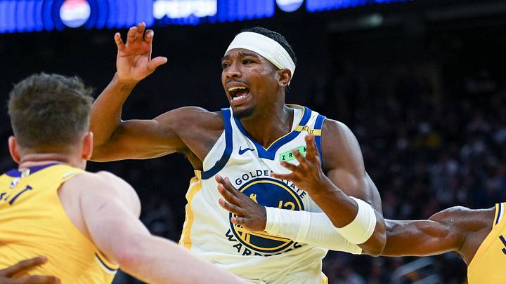 Oct 6, 2026; San Francisco, California, USA;  Golden State Warriors guard Brandon Williams (12) loses control of the ball against the Los Angeles Lakers during the third quarter at Chase Center.  Mandatory Credit: Ed Szczepanski-Imagn Images