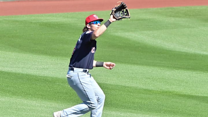 Feb 29, 2024; Tempe, Arizona, USA;  Cleveland Guardians right fielder Chase DeLauter (6) catches a fly ball in the third inning against the Los Angeles Angels during a spring training game at Tempe Diablo Stadium. Mandatory Credit: Matt Kartozian-Imagn Images