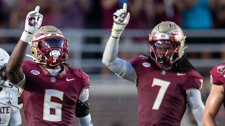 Florida State Seminoles defensive back Ja'bril Rawls (6) and Florida State Seminoles defensive back Ashlynd Barker (7) wag their fingers after [reventing a pass from being completed. The Florida State Seminoles defeated the New Mexico State Aggies 34-17 at Doak Campbell Stadium on Saturday, Aug. 29, 2026. Florida State Seminoles defensive back Ja'bril Rawls (6) and Florida State Seminoles defensive back Ashlynd Barker (7) wag their fingers after [reventing a pass from being completed. The Florida State Seminoles defeated the New Mexico State Aggies 34-17 at Doak Campbell Stadium on Saturday, Aug. 29, 2026.