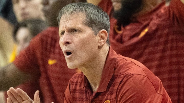 USC coach Eric Musselman cheers his team during the first half against Oregon at Matthew Knight Arena Saturday, March 1, 2025.
