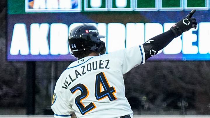 Akron RubberDucks infielder Ralphy Velazquez gestures after hitting a solo home run during the home opener against Reading, April 2, 2026.