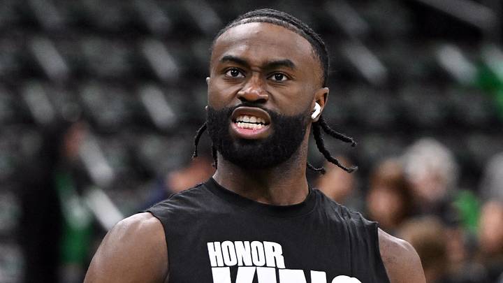 Feb 12, 2025; Boston, Massachusetts, USA; Boston Celtics guard Jaylen Brown (7) reacts during warmups before a game against the San Antonio Spurs at the TD Garden. Mandatory Credit: Brian Fluharty-Imagn Images