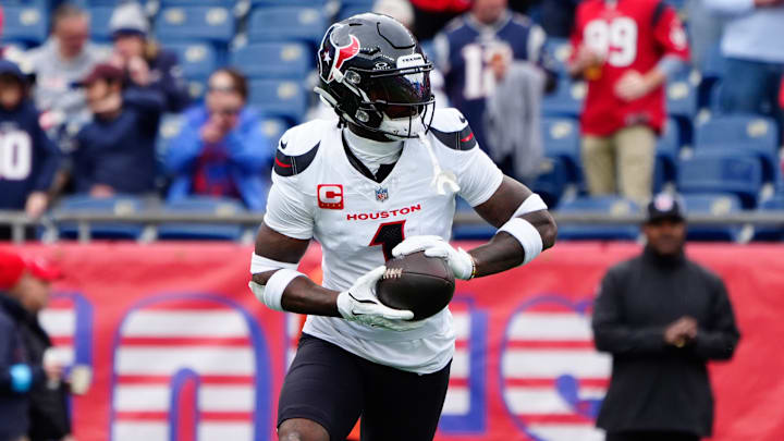 Oct 13, 2024; Foxborough, Massachusetts, USA; Houston Texans wide receiver Stefon Diggs (1) prior to the game against the New England Patriots at Gillette Stadium. Mandatory Credit: Gregory Fisher-Imagn Images