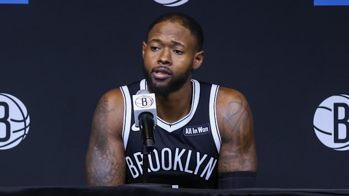 Sep 23, 2025; Brooklyn, NY, USA; Brooklyn Nets forward Haywood Highsmith (7) speaks at Media Day. Mandatory Credit: Wendell Cruz-Imagn Images Sep 23, 2025; Brooklyn, NY, USA; Brooklyn Nets forward Haywood Highsmith (7) speaks at Media Day. Mandatory Credit: Wendell Cruz-Imagn Images