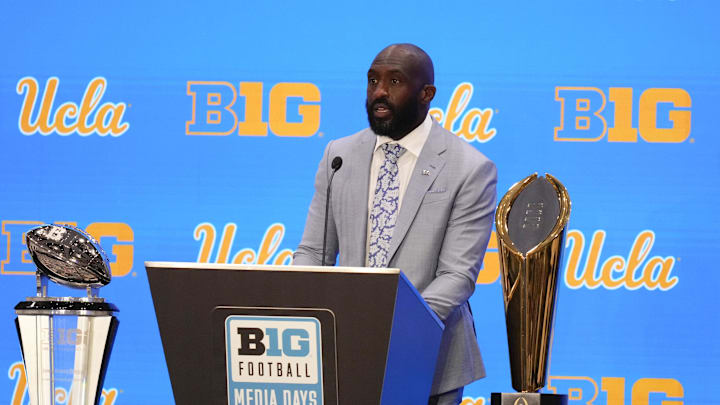 Jul 24, 2025; Las Vegas, NV, USA; UCLA head coach DeShaun Foster speaks to the media during the Big Ten NCAA college football media days at Mandalay Bay Resort. Mandatory Credit: Lucas Peltier-Imagn Images