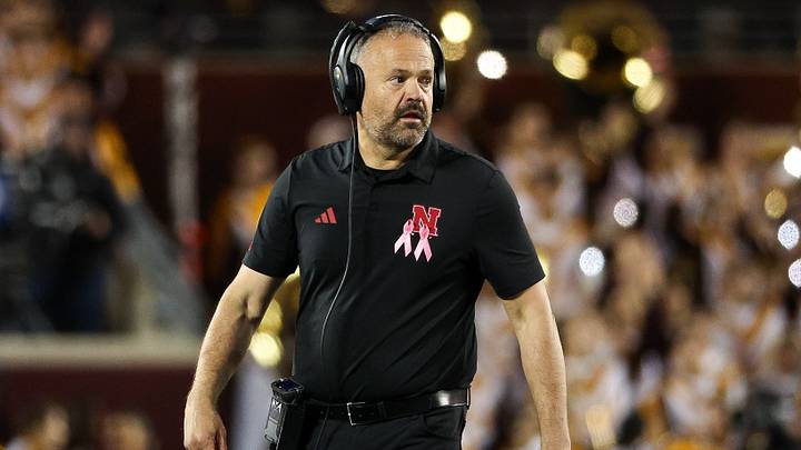 Oct 17, 2025; Minneapolis, Minnesota, USA; Nebraska Cornhuskers head coach Matt Rhule looks on during the second half against the Minnesota Golden Gophers at Huntington Bank Stadium. Mandatory Credit: Matt Krohn-Imagn Images