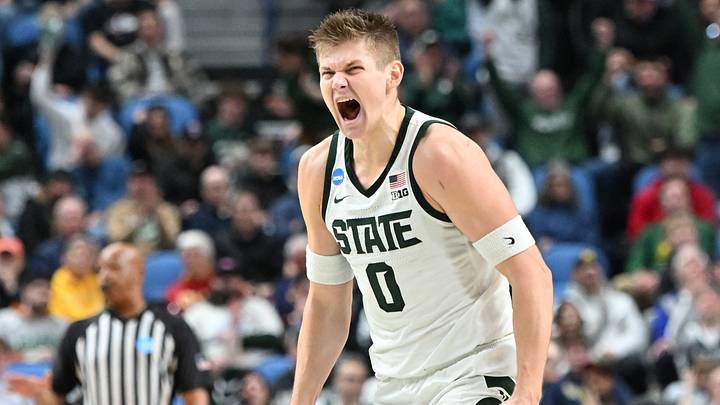Mar 19, 2026; Buffalo, NY, USA; Michigan State Spartans forward Jaxon Kohler (0) reacts to a play during the first half against the North Dakota State Bison during a first round game of the men's 2026 NCAA Tournament at Keybank Center. Mandatory Credit: Mark Konezny-Imagn Images Mar 19, 2026; Buffalo, NY, USA; Michigan State Spartans forward Jaxon Kohler (0) reacts to a play during the first half against the North Dakota State Bison during a first round game of the men's 2026 NCAA Tournament at Keybank Center. Mandatory Credit: Mark Konezny-Imagn Images