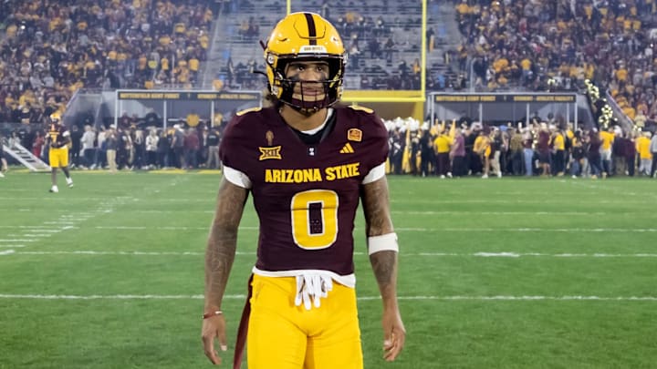 Nov 28, 2025; Tempe, Arizona, USA; Arizona State Sun Devils wide receiver Jordyn Tyson (0) against the Arizona Wildcats during the 99th Territorial Cup at Mountain America Stadium. Mandatory Credit: Mark J. Rebilas-Imagn Images