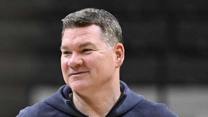 Mar 25, 2026; San Jose, CA, USA; Arizona Wildcats head coach Tommy Lloyd smiles during a practice session ahead of the west regional of the men's 2026 NCAA Tournament at SAP Center. Mandatory Credit: Eakin Howard-Imagn Images