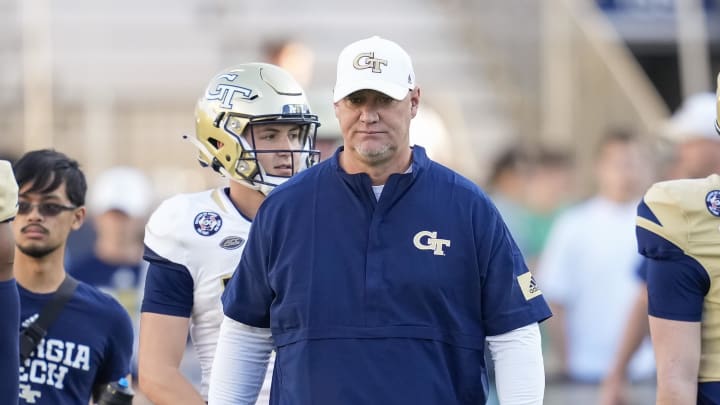 Mar 17, 2022; Atlanta, GA, USA; Georgia Tech Yellow Jacket quarterback coach Chris Weinke on the field during the Georgia Tech Spring Game. Mandatory Credit: Dale Zanine-USA TODAY Sports Mar 17, 2022; Atlanta, GA, USA; Georgia Tech Yellow Jacket quarterback coach Chris Weinke on the field during the Georgia Tech Spring Game. Mandatory Credit: Dale Zanine-USA TODAY Sports