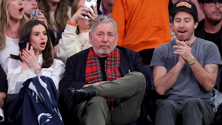 Dec 11, 2024; New York, New York, USA; New York Knicks executive chairman James Dolan sits court side during the second quarter against the Atlanta Hawks at Madison Square Garden. Mandatory Credit: Brad Penner-Imagn Images