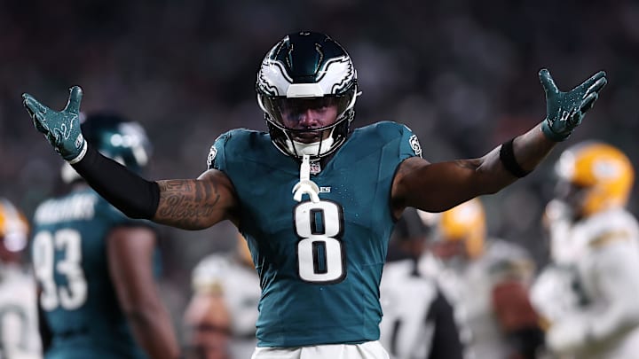 Jan 12, 2025; Philadelphia, Pennsylvania, USA; Philadelphia Eagles safety C.J. Gardner-Johnson (8) reacts against the Green Bay Packers during the first half in an NFC wild card game at Lincoln Financial Field. Mandatory Credit: Bill Streicher-Imagn Images
