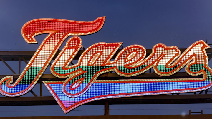 Jun 1, 2022; Detroit, Michigan, USA; The scoreboard displays the Tigers logo in rainbow colors for pride month during the game between the Detroit Tigers and the Minnesota Twins at Comerica Park. 