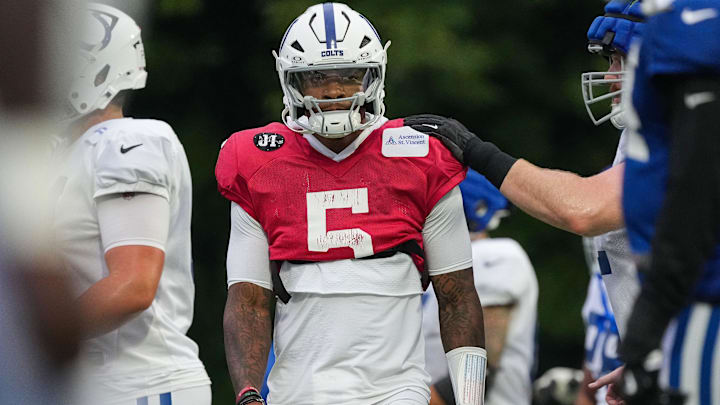 Indianapolis Colts quarterback Anthony Richardson Sr. (5) walks up the field Thursday, July 31, 2025, during Colts Training Camp at Grand Park in Westfield. Indianapolis Colts quarterback Anthony Richardson Sr. (5) walks up the field Thursday, July 31, 2025, during Colts Training Camp at Grand Park in Westfield.