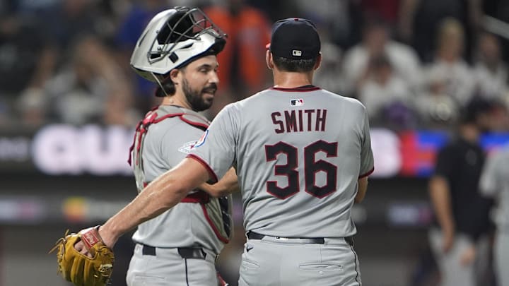 Aug 5, 2025; New York City, New York, USA; Cleveland Guardians catcher Bo Naylor (23) and pitcher Cade Smith (36) celebrate the victory against the New York Mets after the ninth inning at Citi Field. Mandatory Credit: Gregory Fisher-Imagn Images Aug 5, 2025; New York City, New York, USA; Cleveland Guardians catcher Bo Naylor (23) and pitcher Cade Smith (36) celebrate the victory against the New York Mets after the ninth inning at Citi Field. Mandatory Credit: Gregory Fisher-Imagn Images