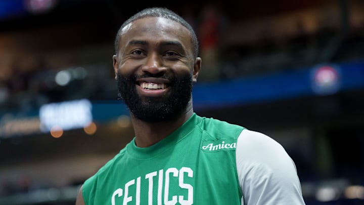 Oct 27, 2025; New Orleans, Louisiana, USA; Boston Celtics guard Jaylen Brown (7) smiles during the second half against the New Orleans Pelicans at Smoothie King Center. Mandatory Credit: Matthew Hinton-Imagn Images