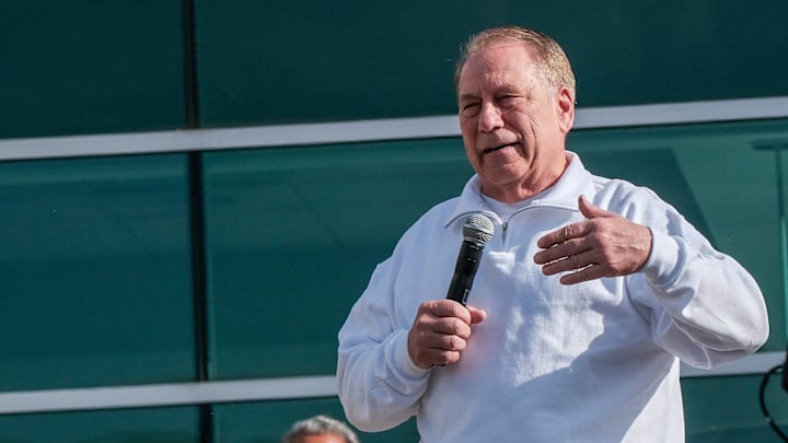 Michigan State Men's Head Basketball Coach Tom Izzo speaks to the crowd before the start of the Izzo Legacy 5K run Sunday, April 27, 2025. Michigan State Men's Head Basketball Coach Tom Izzo speaks to the crowd before the start of the Izzo Legacy 5K run Sunday, April 27, 2025.