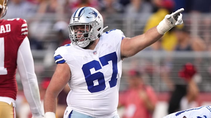 Oct 8, 2023; Santa Clara, California, USA; Dallas Cowboys center Brock Hoffman (67) gestures during the second quarter against the San Francisco 49ers at Levi's Stadium. Mandatory Credit: Darren Yamashita-Imagn Images