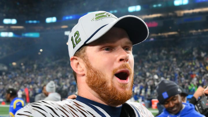 Seattle Seahawks quarterback Sam Darnold celebrates