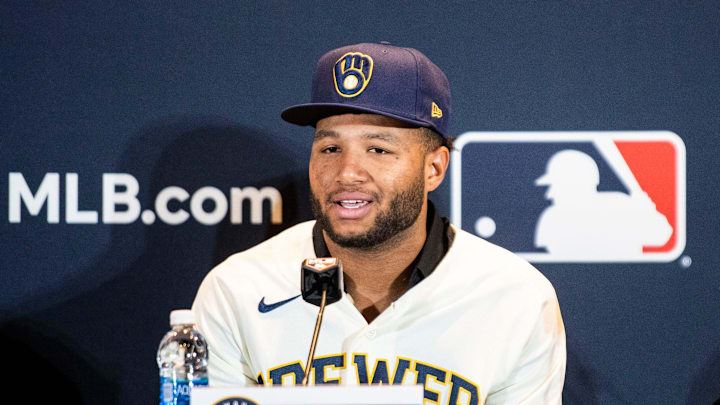 New member of the Milwaukee Brewers, Jackson Chourio, talks about the new opportunity during a press conference at the 2023 Baseball Winter Meetings at the Gaylord Opryland Resort & Convention Center in Nashville, Tenn., Monday, Dec. 4, 2023.