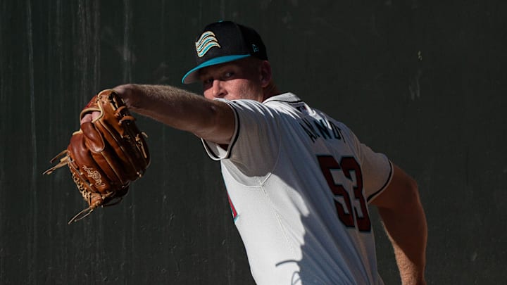 Kyle Amendt throws in the bullpen during the Arizona Fall League media day at Scottsdale Stadium on Oct. 4, 2024, in Scottsdale, Arizona.