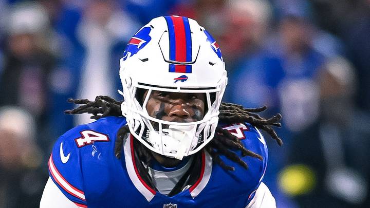 Nov 2, 2025; Orchard Park, New York, USA; Buffalo Bills running back James Cook III (4) carries the ball against the Kansas City Chiefs in the second quarter at Highmark Stadium. Mandatory Credit: Mark Konezny-Imagn Images