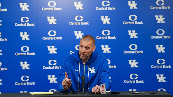Kentucky basketball head coach Mark Pope gives an update on the upcoming 2026-27 season during a press conference in Lexington, Kentucky July 24, 2026.