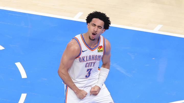 May 26, 2026; Oklahoma City, Oklahoma, USA; Oklahoma City Thunder guard Jared McCain (3) reacts after a basket during the fourth quarter against the San Antonio Spurs in game five of the western conference finals for the 2026 NBA playoffs at Paycom Center. Mandatory Credit: Brett Rojo-Imagn Images May 26, 2026; Oklahoma City, Oklahoma, USA; Oklahoma City Thunder guard Jared McCain (3) reacts after a basket during the fourth quarter against the San Antonio Spurs in game five of the western conference finals for the 2026 NBA playoffs at Paycom Center. Mandatory Credit: Brett Rojo-Imagn Images