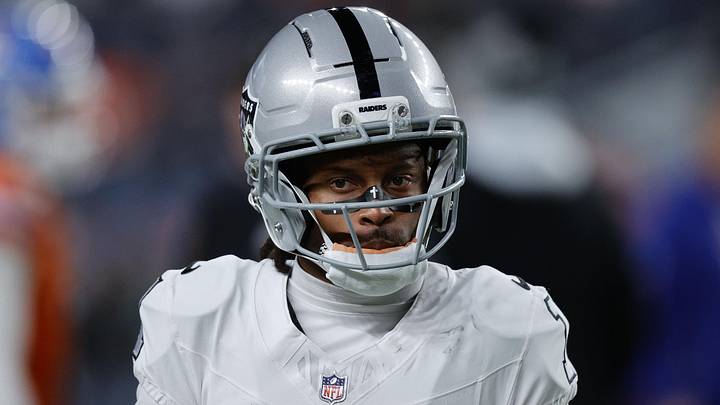 Nov 6, 2025; Denver, Colorado, USA; Las Vegas Raiders wide receiver Tre Tucker (1) before the game at Empower Field at Mile High. Mandatory Credit: Isaiah J. Downing-Imagn Images