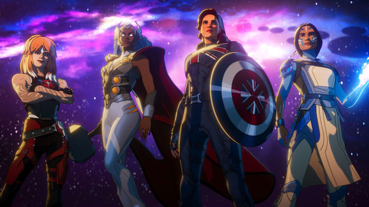 (L-R) Byrdie (Natasha Lyonne), Storm (Alison Sealy-Smith), Captain Carter / Peggy Carter (Hayley Atwell) and Kahhori (Devery Jacobs) in Marvel Animation's WHAT IF...? SEASON 3, exclusively on Disney+. Photo courtesy of Marvel Animation. © 2024 MARVEL. All Rights Reserved.
