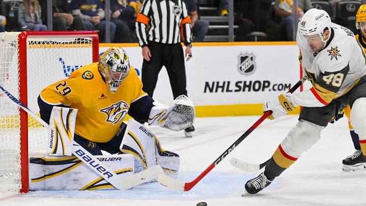 Mar 21, 2026; Nashville, Tennessee, USA;  Nashville Predators goaltender Justus Annunen (29) blocks the shot of Vegas Golden Knights center Tomas Hertl (48). during the second period at Bridgestone Arena. Mandatory Credit: Steve Roberts-Imagn Images