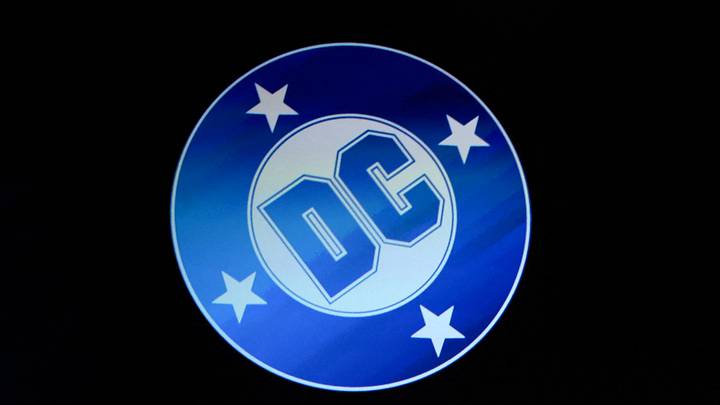 The DC Studios logo is displayed on screen during the CinemaCon 2025 Warner Bros Pictures presentation at The Colosseum at Caesars Palace in Las Vegas