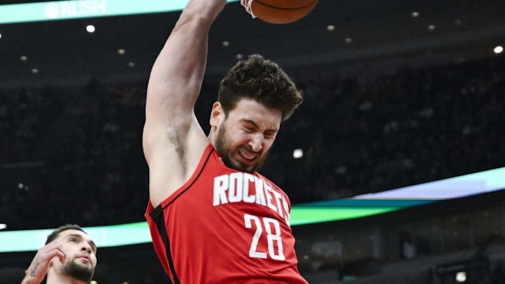 Nov 17, 2024; Chicago, Illinois, USA;  Houston Rockets center Alperen Sengun (28) dunks the ball against the Chicago Bulls during the first half at United Center. Mandatory Credit: Matt Marton-Imagn Images