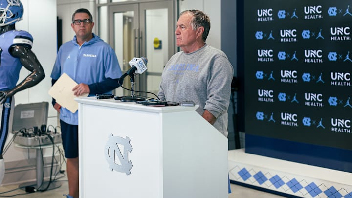 Bill Belichick speaking to the press before UNC's first practice of fall camp on Aug. 2, 2025