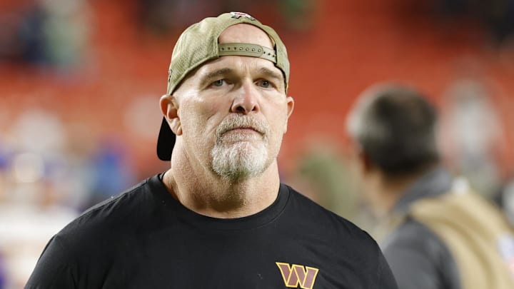 Nov 2, 2025; Landover, Maryland, USA; Washington Commanders head coach Dan Quinn walks off the field after the loss to Seattle Seahawks at Northwest Stadium. Mandatory Credit: Amber Searls-Imagn Images