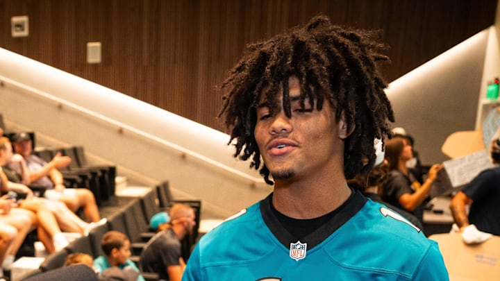 Brysen Wright, 14, is interviewed by the media because he played in the flag football playoffs last year and is also playing this year for the 14U team. The Jacksonville Jaguars sponsored a sendoff party Sunday July 13, 2025 at Miller Electric Center in Jacksonville, Fla. for their flag football teams that they sponsor for the NFL Flag Championships next week in Canton, Ohio. [Doug Engle/Florida Times-Union]