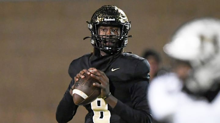 Gaffney's Jayvon Gilmore (8) looks to pass near TL Hanna junior Emari Nance (24) during the first quarter of State Class 5A football playoffs at Gaffney High School in Gaffney, S.C.