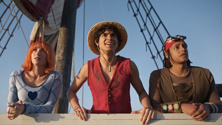 (L to R) Emily Rudd as Nami, Iñaki Godoy as Monkey D. Luffy, Jacob Romero as Usopp in season 2 of One Piece