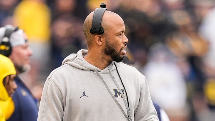 Michigan defensive backs coach LaMar Morgan watches a play during the first half of the spring game at Michigan Stadium in Ann Arbor on Saturday, April 19, 2025.