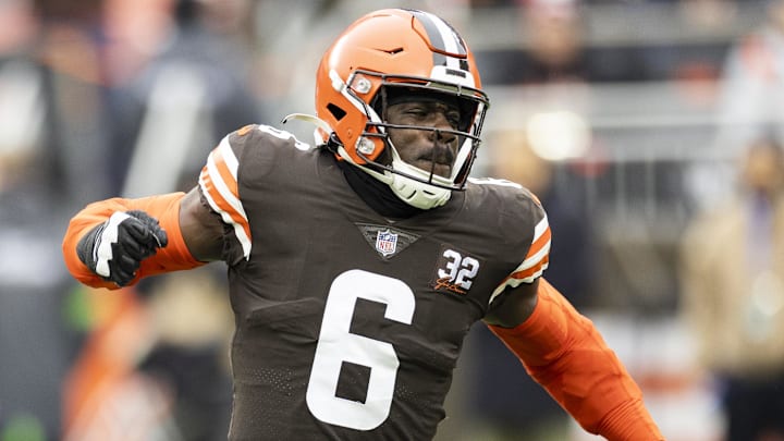 Dec 10, 2023; Cleveland, Ohio, USA; Cleveland Browns linebacker Jeremiah Owusu-Koramoah (6) celebrates a tackle against the Jacksonville Jaguars during the first quarter at Cleveland Browns Stadium. Mandatory Credit: Scott Galvin-Imagn Images