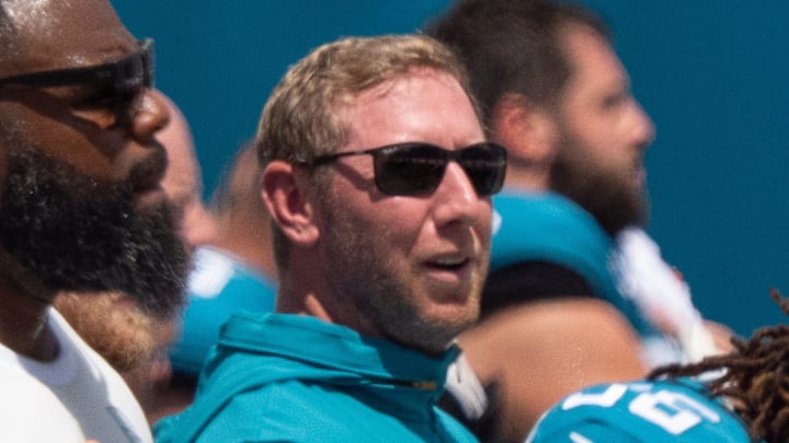 Carolina Panthers head coach Liam Coen holds his hand over his heart during the national anthem at an NFL football game between the Carolina Panthers at Jacksonville Jaguars at EverBank Stadium Sunday September 7, 2025. [Doug Engle/Florida Times-Union]