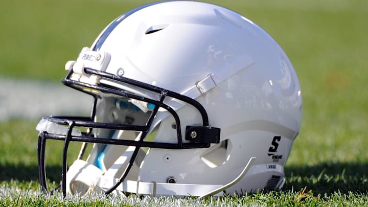 Nov 17, 2012; University Park, PA, USA; Penn State Nittany Lions helmet sits on the field prior to the game against the Indiana Hoosiers at Beaver Stadium.