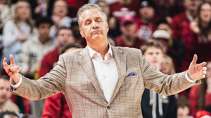 Arkansas coach John Calipari gets frustrated on the sideline against the Florida Gators inside Bud Walton Arena. The Gators won 71-63. 