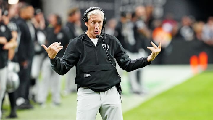 Oct 12, 2025; Paradise, Nevada, USA; Las Vegas Raiders head coach Pete Carroll reacts on the sidelines during the second half against the Tennessee Titans at Allegiant Stadium. Mandatory Credit: Stephen R. Sylvanie-Imagn Images