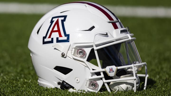 Nov 25, 2022; Tucson, Arizona, USA; Detailed view of an Arizona Wildcats helmet on the field during the Territorial Cup at Arizona Stadium. Mandatory Credit: Mark J. Rebilas-Imagn Images