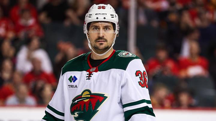 Apr 11, 2025; Calgary, Alberta, CAN; Minnesota Wild right wing Mats Zuccarello (36) against the Calgary Flames during the third period at Scotiabank Saddledome. Mandatory Credit: Sergei Belski-Imagn Images